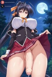 1futa ai_generated akeno_himejima balls big_breasts big_penis black_hair blush clothed cock dickgirl flaccid futa_only futanari high_school_dxd huge_cock large_breasts light-skinned_futanari light_skin long_hair looking_at_viewer low-angle_view outdoors penis ponytail precum red_eyes roxygtf smug solo standing