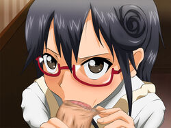 black_eyes black_hair blush censored fellatio female glasses hair human male matsumoto_maya oral straight working!!