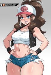 1girls baseball_cap best_girl black_vest blannis_art blue_eyes booty_shorts breasts brown_hair daisy_dukes female female_only game_freak hands_on_hips hilda_(pokemon) large_breasts long_hair midriff midriff_baring_shirt navel nintendo pale-skinned_female pale_skin pink_nails pokeball_logo pokemon ponytail short_shorts teenage_girl teenager thick_thighs vest white_topwear wide_hips