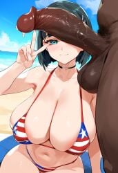 1boy 1girls ai_generated american_flag_bikini beach big_breasts big_penis bikini blush breasts dark-skinned_male female interracial kirigaya_suguha light-skinned_female looking_at_viewer male peace_sign penis penis_covering_eye penis_in_front_of_face penis_on_face reinafan smile sword_art_online tagme testicles