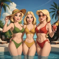 3girls ai_generated beauty_and_the_beast beauty_and_the_beast_(1991_film) bikini blonde_female blonde_hair blonde_hair_female blue_sky claudette_(red) cleavage clothed cloud cocktail disney female green_bikini green_bikini_bottom green_bikini_top green_eyes holding_drink holding_object laurette_(yellow) light-skinned_female light_skin looking_at_viewer makeup midriff navel outdoors outside palm_tree paulette_(green) pool poolside red_bikini red_bikini_bottom red_bikini_top red_fingernails red_lips smile smiling smiling_at_viewer standing standing_in_water straw_hat summer sunglasses swimming_pool the_bimbettes the_triplets tipping_hat uzzlegorf water yellow_bikini yellow_bikini_bottom yellow_bikini_top