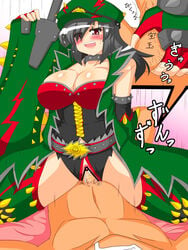 bare_shoulders black_hair black_panties breasts censored character_request chyaramu cowgirl_position cum cum_inside female femdom fingerless_gloves gloves hat highres huge_breasts monster_hunter open_mouth panties penetration penis pussy red_eyes sex spread_legs studs testicle_grab testicles thighs vaginal_penetration