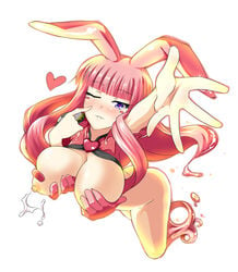 1girls animal_ear blush blush_stickers breast_grab breasts bunny_ear butter-t cleavage female goo_girl heart huge_breasts lactation long_hair melona monster_girl nude pink_hair prehensile_hair purple_eyes queen's_blade simple_background smile solo white_background wink