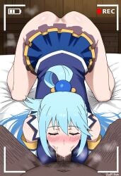 1boy 1boy1girl 1girl :>= ai_generated aqua_(konosuba) ass bed blue_eyes blue_hair cheating cheating_girlfriend closed_eyes dark-skinned_male drunk fat_man fellatio female hairy_male indoors interracial kono_subarashii_sekai_ni_shukufuku_wo! large_breasts large_penis netorare on_bed oral pov recording room straight testicles thick_thighs top-down_bottom-up veiny_penis waroffree