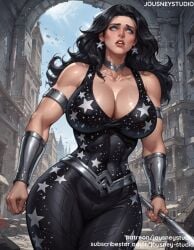 ai_generated armlet bare_shoulders belt black_hair blue_eyes blush breasts building car choker cleavage clothing curvaceous day dc dc_comics donna_troy earrings female female female_only gloves holding holding_object holding_weapon huge_breasts jewelry jousneystudio large_breasts lips lipstick long_hair looking_at_viewer looking_away looking_to_the_side makeup muscle muscular_female open_mouth original outdoors parted_lips red_lips skin_tight sky solo standing star_(symbol) star_earrings star_print superhero teeth text thick_thighs thighs tight weapon wide_hips wonder_girl wonder_girl_(donna) wonder_woman