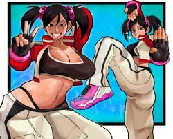 alternate_breast_size big_breasts female female_only ling_xiaoyu midriff navel peace_sign pepperoni_ravioli smil tekken tekken_4 v