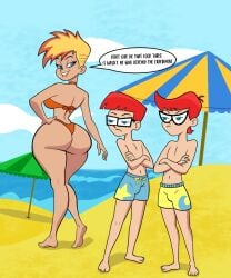 1girls 2boys alternate_version_available artist_request beach big_ass bikini blonde_hair cartoon_network female genderswap genderswap_(ftm) genderswap_(mtf) glasses jenny_test johnny_test johnny_test_(series) kids_wb male mary_test red_hair rule_63 susan_test teletoon test_twins warner_bros warner_brothers wildbrain