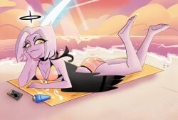 angel angel_girl angel_wings beach bikini hazbin_hotel lute_(hazbin_hotel) lying_on_stomach tagme