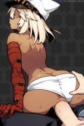 1boy ai_generated anus ass ass_grab back bandaged_arm bandages blonde_hair blush breasts clothing clothing_aside dark-skinned_female dark_skin female from_behind gloves groping guilty_gear guilty_gear_strive hat headwear latbjorn_ai long_hair looking_at_viewer looking_back male panties_aside pantsu penis ramlethal_valentine sex solo_focus straddling straight sweat topless underwear vaginal_penetration veins veiny_penis white_hair white_headwear white_panties white_underwear yellow_eyes