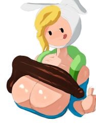 adawndraws adventure_time backpack bag balls big_breasts big_breasts big_cleavage big_penis blonde_hair cartoon_network cleavage clothed_female dark_penis fionna_and_cake fionna_the_human_girl huge_breasts huge_breasts huge_cock imminent_sex testicles thumbs_up tongue_out