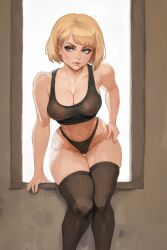 ai_generated ashley_graham blonde_hair blue_eyes capcom eyeliner hand_on_hip hi_res large_breasts resident_evil see-through see-through_clothing simple_background slim_waist sports_bra stockings thedachy thick_thighs thigh_highs thong wide_hips