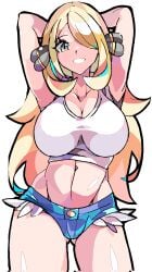 1girls artist_request blonde_hair breasts cleavage cosplay cynthia_(pokemon) female female_only hilda_(pokemon)_(cosplay) large_breasts looking_at_viewer midriff nintendo pokemon short_shorts shorts solo thick_thighs thighs