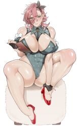 abs bare_legs bare_shoulders bare_thighs bell black_gloves blush blush_lines blushing_at_viewer blushing_female chair covered_abs covered_pussy detached_sleeves female fingerless_gloves green_eyes grey_bodysuit hair_between_eyes hair_ornament heels huge_breasts large_breasts lips long_hair long_hair_between_eyes looking_at_viewer medium_hair midriff mole_under_eye nail_polish on_chair one_leg_up original original_character pink_hair playboy_bunny pussy red_nails red_shoes shiny_skin shishamo_712 simple_background solo solo_focus squinting thicc thicc_thighs thick_thighs thighs white_background