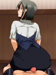 ass black_hair buttjob censored female high_heels highres huge_ass human looking_back male penis shirafuji_kyouko short_hair skirt straight vermilion working!!