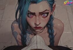 1boy 1boy1girl 1girls 2d ai_generated arcane blue_hair close-up female female_focus imminent_fellatio imminent_oral jinx_(league_of_legends) league_of_legends light-skinned_female nude_female_clothed_male pov stacyart69 staring staring_at_penis surprised tattoo wide_eyed