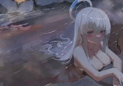 1girls absurdres bare_shoulders bathing blue_archive blush breasts cleavage collarbone female female_focus female_only halo highres large_breasts long_hair looking_at_viewer mechanical_halo moji_(m_0j_4) noa_(blue_archive) nude nude_female onsen outdoors partially_submerged purple_eyes sidelocks smile solo white_hair