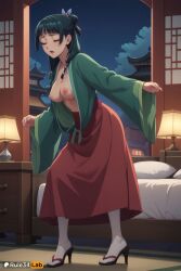 1girls ai_generated architecture bed blunt_bangs breasts breasts_out closed_eyes east_asian_architecture full_body green_hair hair_ornament hi_res high_heels indoors kusuriya_no_hitorigoto lamp long_hair long_sleeves maomao_(kusuriya_no_hitorigoto) medium_breasts night night_sky nipples no_bra open_clothes open_mouth pillow red_skirt rule34lab sandals skirt sky solo standing star_\(sky\) the_apothecary_diaries wide_sleeves