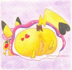 ass beady_eyes bodily_fluids butt_tattoo chibi clothing cosplay_pikachu_(costume) dress feet female feral generation_1_pokemon genital_fluids genitals gouache_(artwork) heart_symbol hottmutton lying mammal mouse murid murine nintendo on_front painting_(artwork) pikachu pikachu_pop_star pokemon pokemon_(species) presenting pussy ribbons rodent small_feet solo sparkles tattoo traditional_media_(artwork) vaginal_fluids yellow_body