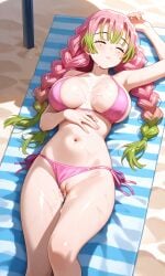 1girls ai_generated beach big_breasts bikini braided_hair breasts_bigger_than_head closed_eyes cum_in_pussy cum_on_breasts curvaceous curvy_female curvy_figure demon_slayer dripping_cum female_focus female_only half-dressed highres hourglass_figure kanroji_mitsuri kimetsu_no_yaiba large_breasts mole_under_eye nipples_visible_through_clothing no_penetration pink_and_green_hair questionable_consent rape relaxing sand sexual_assault sexual_harassment shiny_skin solo solo_focus sweetsavour two_tone_hair wet_pussy