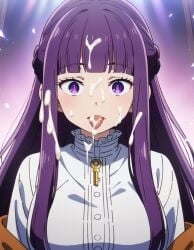 1girls ai_generated big_breasts breasts clothed cum cum_in_mouth cum_on_face cum_on_hair cum_on_tongue cute cute_face female female_only fern_(sousou_no_frieren) long_hair morindar open_eyes open_mouth purple_eyes purple_hair sousou_no_frieren tongue tongue_out