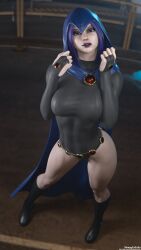 1girls 3d 3d_(artwork) athletic athletic_female bare_thighs belt breasts cape cloak dc dc_comics digital_media_(artwork) female female_focus female_only fit fit_female grey-skinned_female grey_body grey_skin hair hero heroine hi_res high_resolution highres hood hourglass_figure human humanoid large_breasts legs leotard light-skinned_female light_skin lips lipstick looking_at_viewer makeup pale-skinned_female pale_skin pinup purple_hair rachel_roth raven_(dc) shizzyzzzzzz short_hair simple_background solo solo_focus sorceress superhero superheroine teen_titans thick_thighs thighs tight_clothing