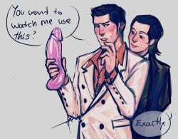 2boys akiseviltwin blush blush blush_lines dildo embarrassed english_text gay gray_background huge_dildo imminent_anal imminent_penetration imminent_sex kiryu_kazuma male/male painting_(artwork) sweat tagme teasing temptation tetsu_tachibana yakuza_(series) yaoi