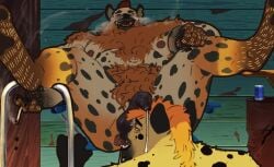 anthro armpit_hair avalath_tiger bodily_fluids body_hair duo foreskin genital_fluids genitals hi_res hyena leaking_precum licking_ass long_foreskin male male/male mammal overweight overweight_anthro overweight_male pawpads paws penis precum pubes raised_paw smoke smoking spread_legs spreading tongue tongue_out vein veiny_penis