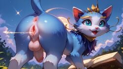 1futa ai_generated anus balls blue_eyes blue_fur book cat_ears cat_girl cat_tail feral feral_only full-package_futanari futanari league_of_legends looking_at_viewer looking_back outdoors penis precum precum_drip pussy pussy_juice smiling tail_up whiskers yuumi_(lol)