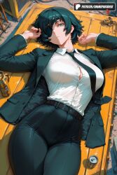 1girls 2025 ai_assisted ai_generated anime artist_name bench black_hair black_jacket black_necktie black_pants breasts button_gap can collared_shirt drink_can eyepatch formal hi_res high-waist_pants high_quality high_resolution highres himeno_(chainsaw_man) jacket large_breasts looking_at_viewer lying necktie on_back pants patreon patreon_username shirt shirt_tucked_in short_hair solo stable_diffusion suit watermark white_shirt