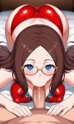 1girls ai_generated ass big_breasts blue_eyes breasts fellatio female female_focus glasses heart-shaped_pupils huge_ass huge_breasts looking_at_viewer looking_pleasured loving_it