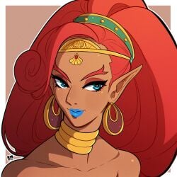 1girls blue_eyes blue_lipstick dark-skinned_female dark_skin earrings female female_only gerudo hairband heart-shaped_pupils hi_res jewelry kinkymation long_hair looking_at_viewer nintendo pointy_ears portrait red_hair solo tears_of_the_kingdom the_legend_of_zelda urbosa