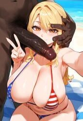 1boy 1girls ai_generated american_flag_bikini beach big_breasts big_penis bikini bikini_bottom bikini_top breasts dark-skinned_male fairy_tail female hand_on_head interracial light-skinned_female looking_at_viewer lucy_heartfilia male peace_sign penis penis_in_front_of_face penis_on_face reinafan selfie tagme thick_thighs