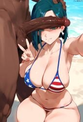 1boy 1girls ai_generated american_flag_bikini big_breasts big_penis bikini breasts dark-skinned_male female hand_on_head interracial light-skinned_female looking_at_viewer male peace_sign penis penis_awe penis_in_front_of_face penis_on_face reinafan riot_games selfie tagme thick_thighs valorant viper_(valorant) wide_hips