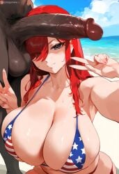 1boy 1girls ai_generated american_flag_bikini beach big_breasts big_penis bikini bikini_bottom bikini_top blush breasts dark-skinned_male erza_scarlet eyebrows_visible_through_hair fairy_tail female huge_breasts huge_cock interracial light-skinned_female looking_at_viewer male peace_sign penis penis_grab penis_on_face reinafan smile tagme testicles