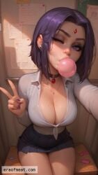 ai_generated blowing_bubble blowing_bubble_gum blowing_bubblegum breasts bubble_gum dc_comics meat_master miniskirt peace_sign raven_(dc) school_uniform selfie short_skirt teen_titans teenager