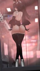 animal_ear_fluff animal_ears black_hair blush bracelet buni_(vrchat) demon demon_wings detached_sleeves from_behind g-string heels huge_ass long_hair looking_back tanline thighhighs thong train vrchat
