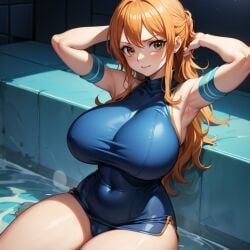 ai_generated artist_request blush brown_eyes female female_only huge_ass huge_breasts nami nami_(one_piece) one_piece orange_hair post-timeskip thick_thighs