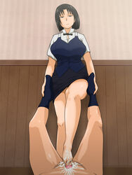 barefoot black_hair breasts censored cfnm cum cum_on_body cum_on_feet cum_on_lower_body ejaculation feet female footjob highres human large_breasts male penis shirafuji_kyouko short_hair skirt straight vermilion working!!