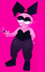 adult_swim annoyed black_eyeshadow blushing_male bulge bulge_through_clothing bunny_costume bunny_ears bunny_suit chubby_male disinterested fishnet_legwear fishnets heels latex pim_(smiling_friends) pink_body self_upload shiny_clothes smiling_friends smilingrinn watermark