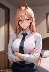 :t ai_generated bed black_necktie blonde_hair blush bra breasts chainsaw_man collared_shirt cross-shaped_pupils crossed_arms demon_horns female hair_between_eyes high_resolution highres horns indoors large_breasts long_hair long_sleeves looking_at_viewer necktie on_bed orange_eyes pants pout power_(chainsaw_man) red_horns see-through shirt solo stable_diffusion symbol-shaped_pupils underwear waifuscans418 white_shirt