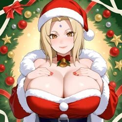 ai_generated anime big_breasts blonde_hair christmas_decorations christmas_hat christmas_outfit christmas_tree hands_on_breasts looking_at_viewer naruto smiling smiling_at_viewer tsunade yellow_eyes