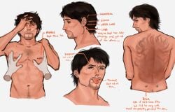 back_view bara bare_back blush dojima_daigo embarrassed facial_hair feeling_up ghabiyaa hands_on_breasts male male_only nipple_piercing nude_male pierced_ears piercing reference_image reference_sheet sweating white_background yakuza_(series)