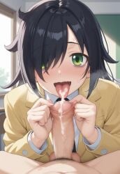 1boy 1girls ai_generated big_penis black_hair blush censored_penis cum cum_in_mouth cumshot cumshot_in_mouth curvaceous curvy_female green_eyes hair_over_one_eye huge_cock kuroki_tomoko light-skinned_female light_skin long_hair looking_at_viewer mak5555 nude nude_male penis squatting sweat sweatdrop tongue_out watashi_ga_motenai_no_wa_dou_kangaetemo_omaera_ga_warui!