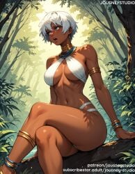 ai_generated anklet arm_support armlet bangs bare_arms bare_legs bare_shoulders barefoot bikini blue_eyes blush bracelet breasts clavicle cleavage clothing criss-cross_halter crossed_legs dark-skinned_female dark_skin day earrings elena elena_(street_fighter) feet female female female_only forest hair_between_eyes halterneck hoop_earrings jewelry jousneystudio large_breasts legs lips looking_at_viewer looking_to_the_side medium_breasts midriff nail_polish nature navel neck_ring necklace open_mouth original outdoors palm_tree parted_lips plant shiny_skin short_hair sitting sky smile solo stomach street_fighter sunlight swimsuit teeth thighs tree upper_teeth_only very_dark_skin water white_bikini white_hair