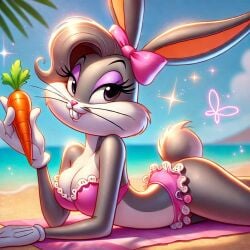 ai_generated beach bikini bugs_bunny carrot crossdressing feminization frilly_underwear looney_tunes mtf_transformation rule_63