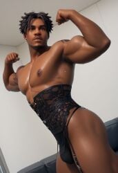 1boy 1male 1man abs ai_art ai_generated bara bulge bulge_through_clothing corset dark-skinned_male dark_skin dark_skinned_male dreadlocks earrings facial_hair flexing flexing_arms flexing_bicep flexing_biceps flexing_both_biceps flexing_muscles fortnite fortnite:_battle_royale gay goatee lace lingerie lingerie_only male male_only muscular muscular_male nipples piercings solo solo_male sweat sweaty sweaty_body tattooed_arm tattooed_male tattoos trace_(fortnite) underwear underwear_only