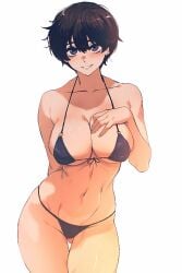 1girls absurd_res bikini black_hair blue_eyes breasts cleavage hi_res large_breasts navel pixel_art short_hair simple_background spoiledmuffin white_background