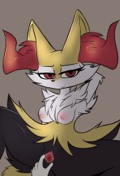 anthro areola black_body black_fur bodily_fluids braixen breasts darksz7 female fur generation_6_pokemon genitals hi_res nintendo nipples pokemon pokemon_(species) pussy red_body red_eyes red_fur solo tail thick_thighs white_body white_fur yellow_body yellow_fur