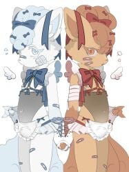 alolan_form alolan_vulpix annoyed anthro apron band-aid bandage bottomwear bow_accessory bulge clothed clothing cub dress duo erection femboy frilly frilly_apron frilly_clothing frilly_dress fur generation_1_pokemon generation_7_pokemon hand_holding hi_res looking_at_viewer maid maid_uniform male male_cub male_only microskirt miniskirt nervous nintendo orange_body orange_fur pokemon pokemon_(species) regional_form_(pokemon) saamon_1010 simple_background skimpy skirt small_bulge small_penis tenting translucent translucent_clothing uniform vulpix white_background white_body white_fur wings young young_anthro young_male